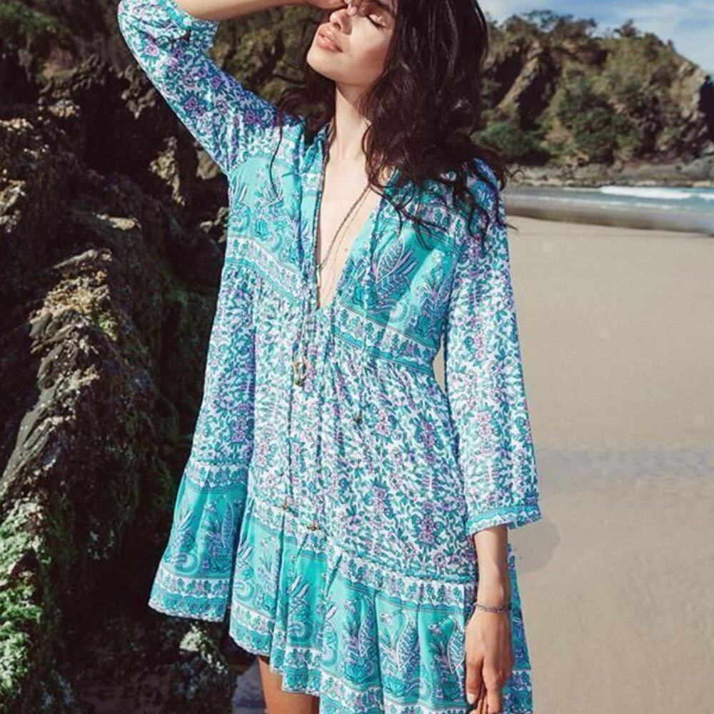 NWT ARNHEM BLOCK PRINT BOHO MINI DRESS TURQUOISE PINK LAVENDER LILY AUSTRALIA 6